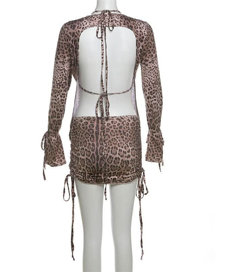 Fierce Leopard Print 3-Piece Cowl Neck Cutout Mini Skirt Set | Adjustable Ruched Fall Party & Club Wear