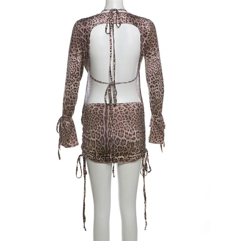 Fierce Leopard Print 3-Piece Cowl Neck Cutout Mini Skirt Set | Adjustable Ruched Fall Party & Club Wear