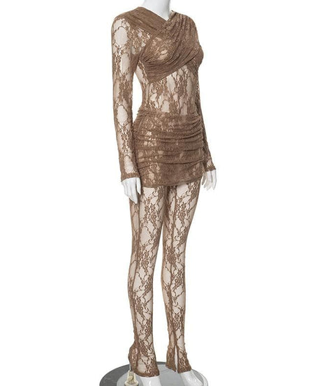 Gothic Chic Sheer Lace Mini Dress & Leggings Set - Perfect for Halloween & Fall Nights Out