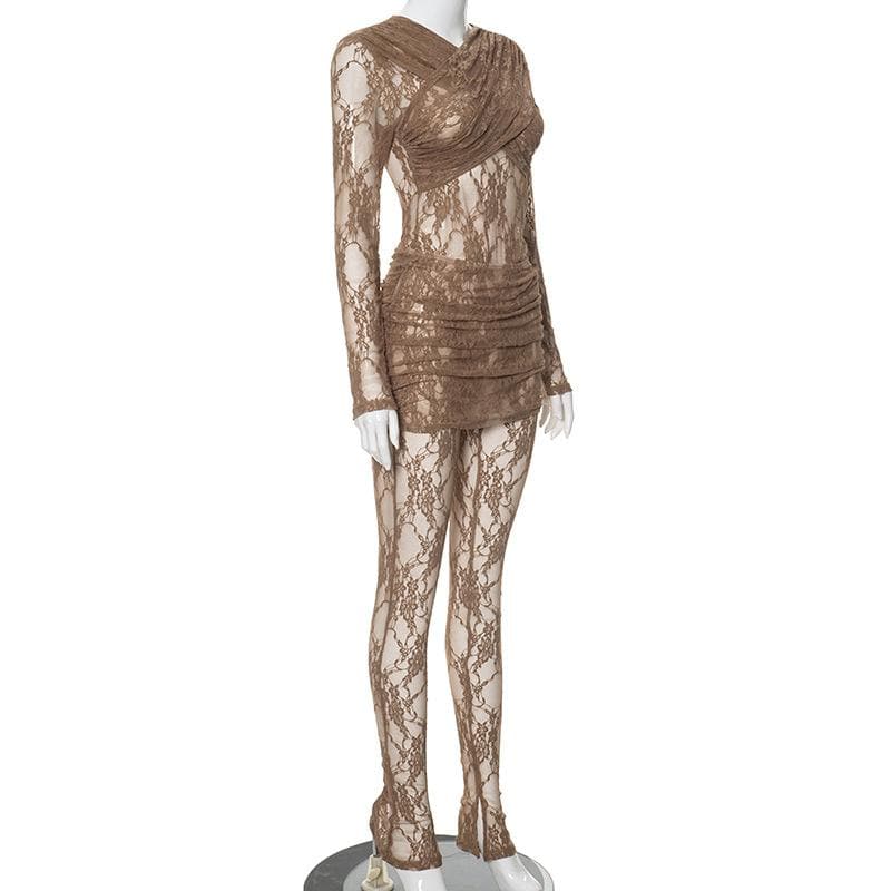 Gothic Chic Sheer Lace Mini Dress & Leggings Set - Perfect for Halloween & Fall Nights Out