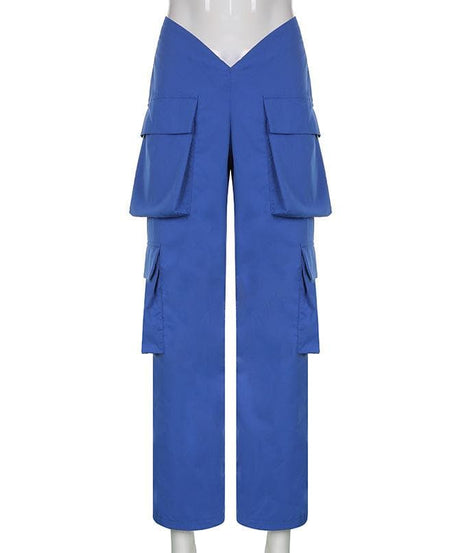 Effortless Royal Blue V-Waist Cargo Pants – Your Chic Fall Fashion Staple