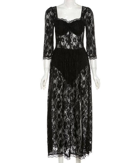 Sultry Black Lace Off-The-Shoulder Maxi Dress with Thigh Slit - Perfect for Fall & Holiday Galas