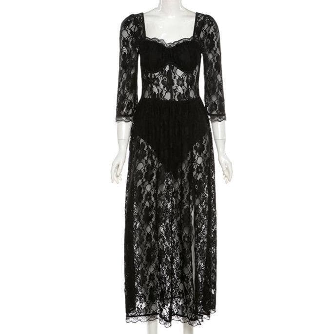 Sultry Black Lace Off-The-Shoulder Maxi Dress with Thigh Slit - Perfect for Fall & Holiday Galas