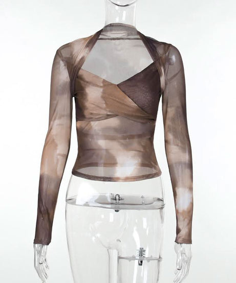 Autumn Edge Tie-Dye Mesh Wrap Top - Chic Long Sleeve Sheer Style