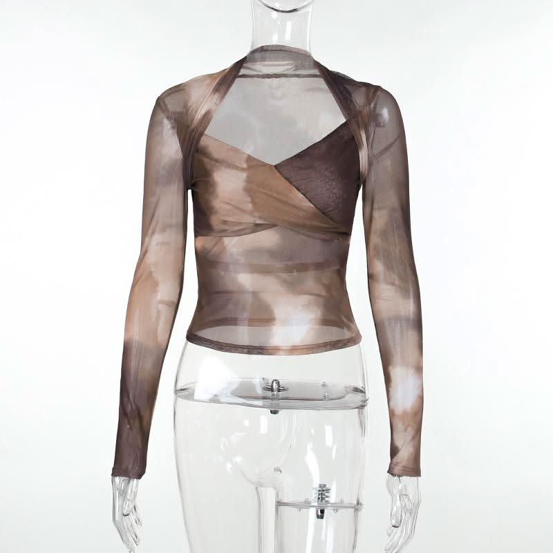Autumn Edge Tie-Dye Mesh Wrap Top - Chic Long Sleeve Sheer Style