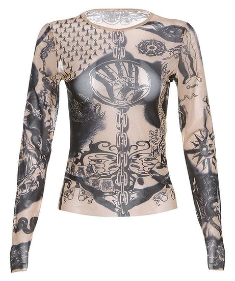 Dark Romance Graphic Sheer Mesh Long Sleeve Top | Tattoo-Inspired Fall '25 Edgy Chic
