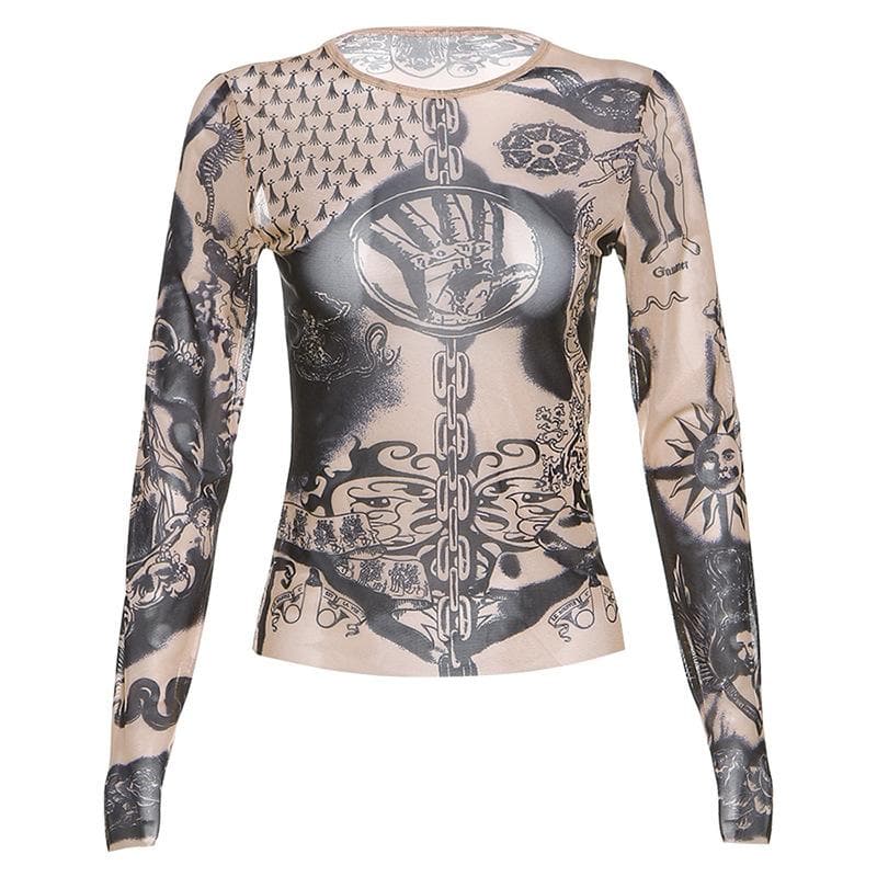 Dark Romance Graphic Sheer Mesh Long Sleeve Top | Tattoo-Inspired Fall '25 Edgy Chic