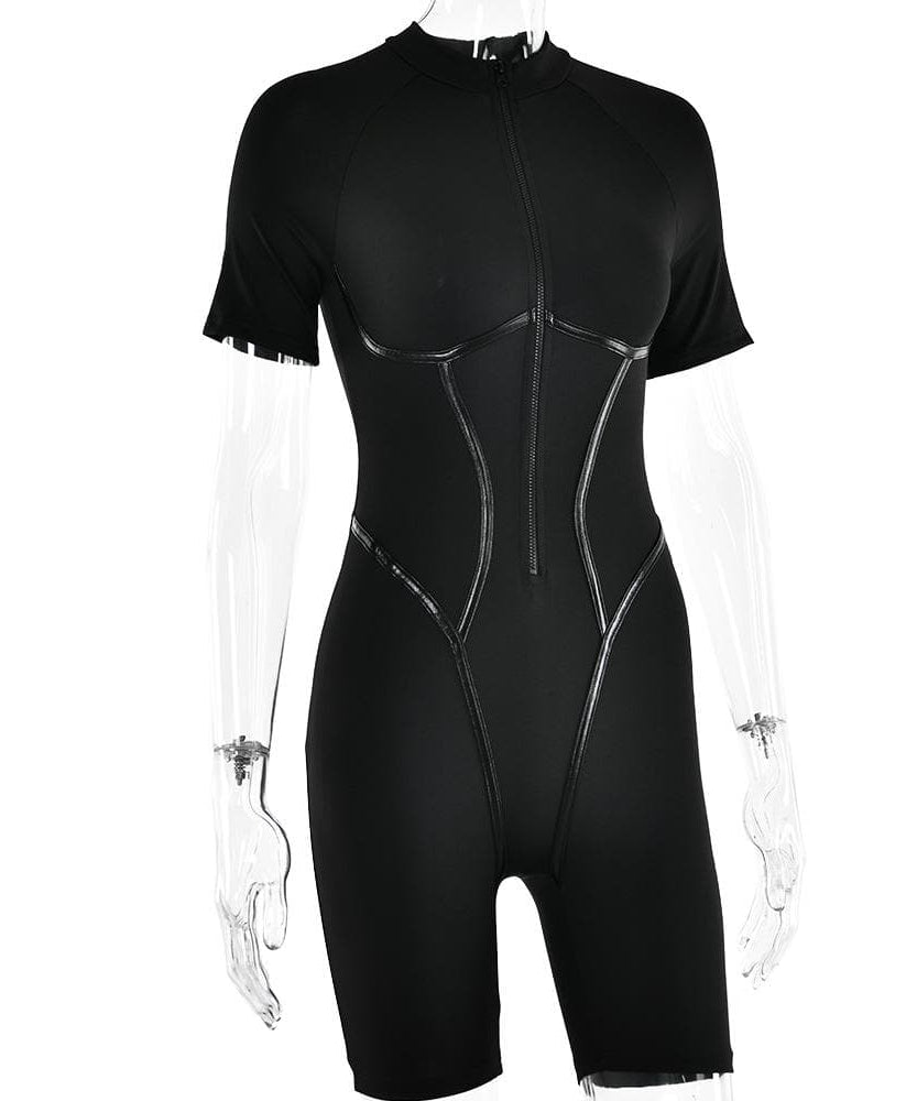 Sleek & Sculpted: High-Neck Zip-Up Contour Romper – Your Essential Fall & Halloween Statement