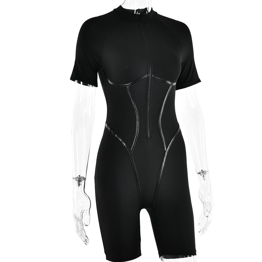 Sleek & Sculpted: High-Neck Zip-Up Contour Romper – Your Essential Fall & Halloween Statement