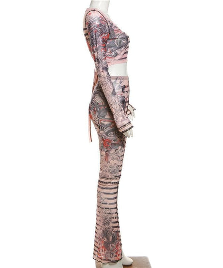 Unleash Your Inner Dragon: Y2K Tattoo Mesh Wrap Top & Flare Pants Set - Fall & Halloween Statement