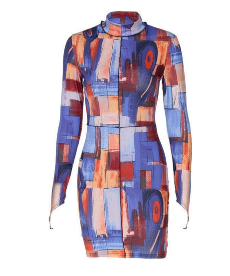 Art-Inspired Abstract Print High-Neck Bodycon Mini Dress - Fall & Party Ready