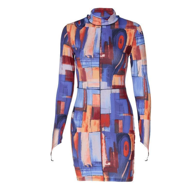 Art-Inspired Abstract Print High-Neck Bodycon Mini Dress - Fall & Party Ready