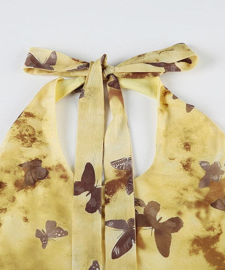 Whimsical Butterfly Halter Midi Dress | Boho Fairycore Asymmetrical Ruffle for Fall Getaways