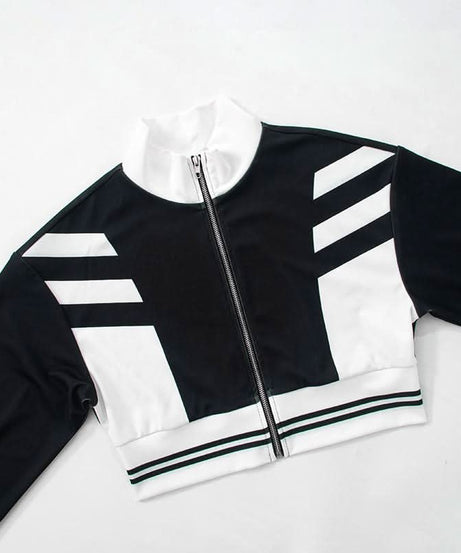 Women's Fall Athleisure Black & White Tracksuit Set | Zip-Up Crop Jacket & Wide Leg Pants