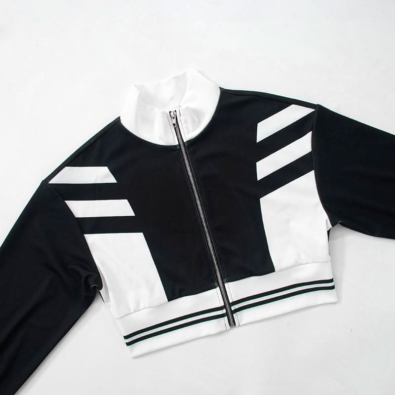 Women's Fall Athleisure Black & White Tracksuit Set | Zip-Up Crop Jacket & Wide Leg Pants