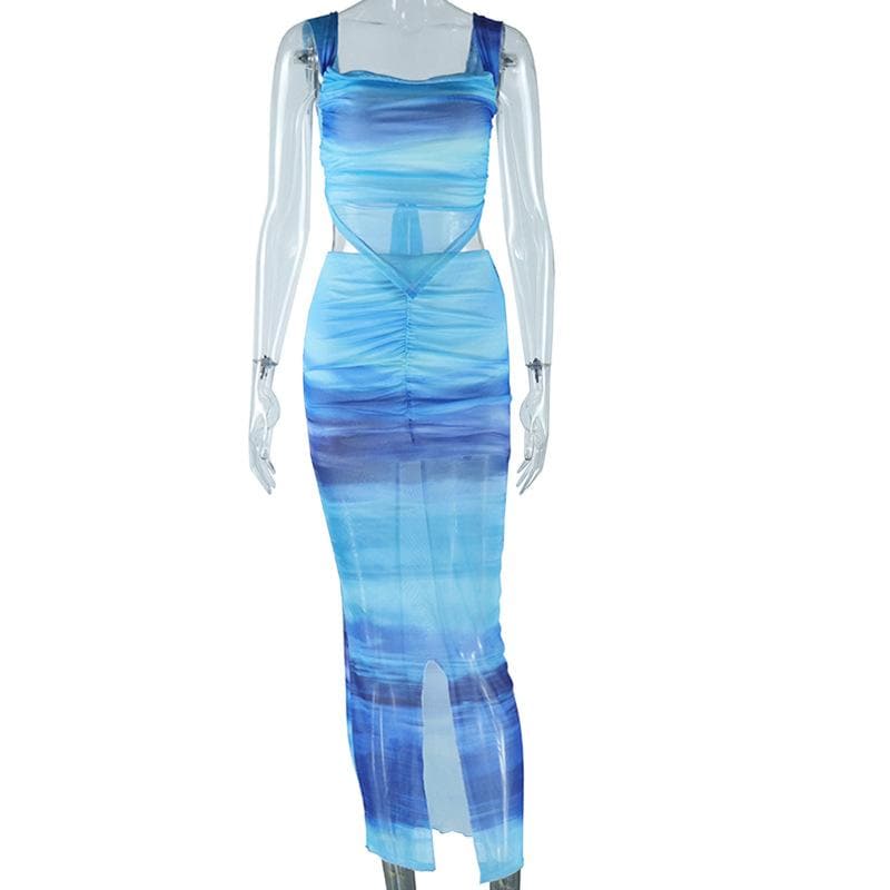 Oceanic Ombre Mesh Cami & Midi Skirt Set - Chic Vacation & Fall Getaway Essential