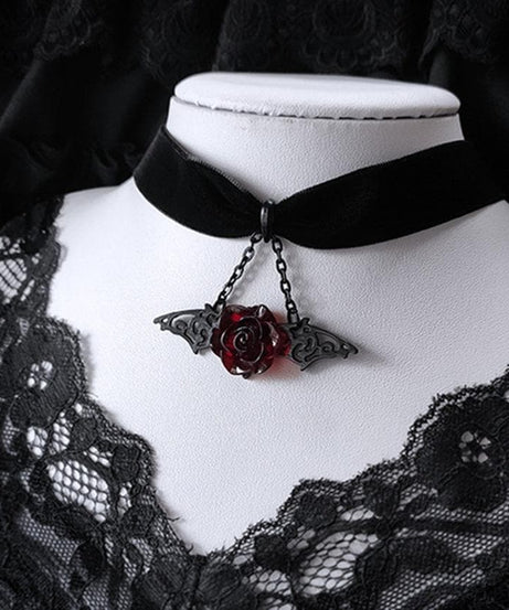 Gothic Vampire Bat Wing & Dark Rose Velvet Choker Necklace - Spooky-Chic Halloween & Fall Fashion for Women