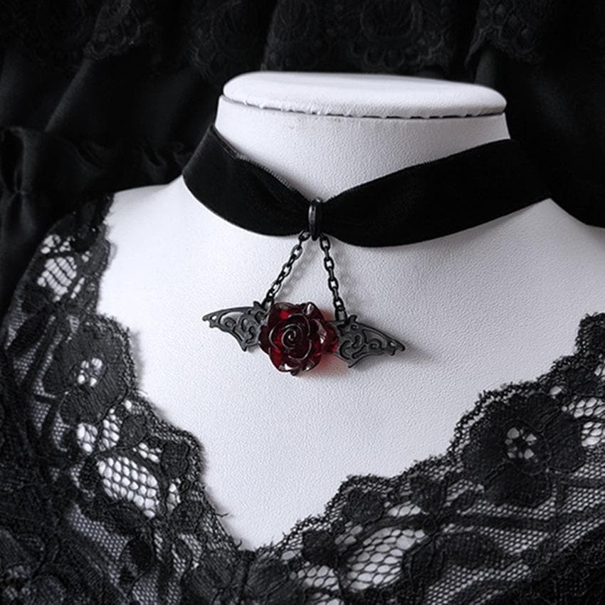 Gothic Vampire Bat Wing & Dark Rose Velvet Choker Necklace - Spooky-Chic Halloween & Fall Fashion for Women
