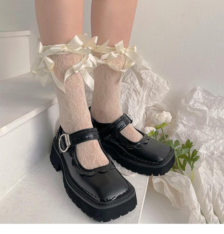 Romantic Lace Bow-Accent Sheer Knee-High Socks for Fall & Holiday Styling