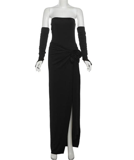 Scarlet Rose High Slit Maxi Dress | Strapless Gown with Detached Sleeves for Holiday & Gala Season