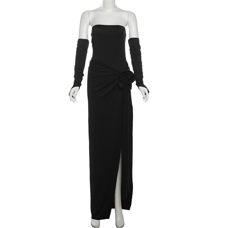 Scarlet Rose High Slit Maxi Dress | Strapless Gown with Detached Sleeves for Holiday & Gala Season