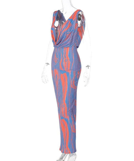 Vibrant Abstract Print Cowl Neck Maxi Dress - Backless Glam for Fall Events & Vacation Getaways