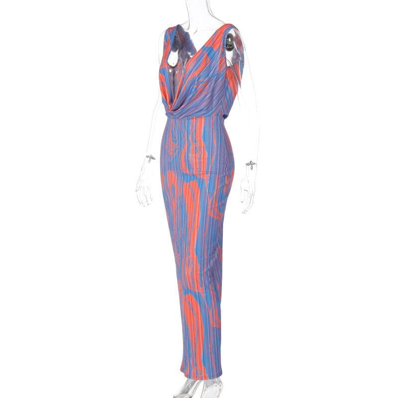 Vibrant Abstract Print Cowl Neck Maxi Dress - Backless Glam for Fall Events & Vacation Getaways