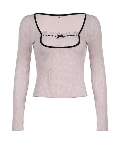 Sweetheart Pink Ribbed Knit Top - Chic Square Neck Long Sleeve with Ruffle & Bow Detail for Fall