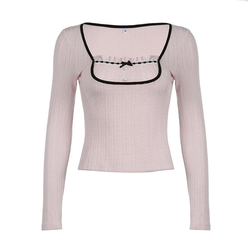 Sweetheart Pink Ribbed Knit Top - Chic Square Neck Long Sleeve with Ruffle & Bow Detail for Fall