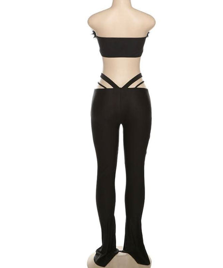 Glam Feather Tube Top & Cutout Flare Pants Set - Ultimate Fall Party & Halloween Style