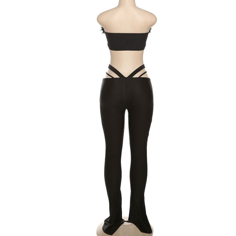 Glam Feather Tube Top & Cutout Flare Pants Set - Ultimate Fall Party & Halloween Style