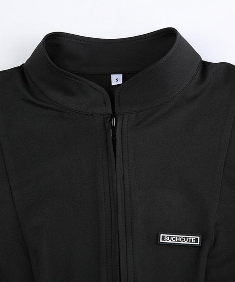 Fall Essential: Sleek Black Long Sleeve Zip-Up Romper - Effortless Athleisure & Layering Style