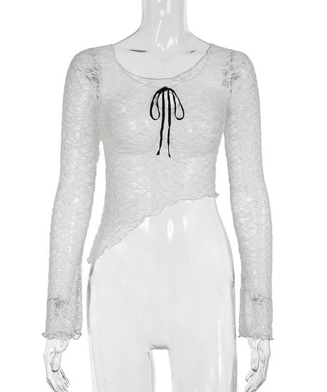 Romantic Lace Bow Front Asymmetrical Bell Sleeve Top - Fall's Must-Have Sheer Layer