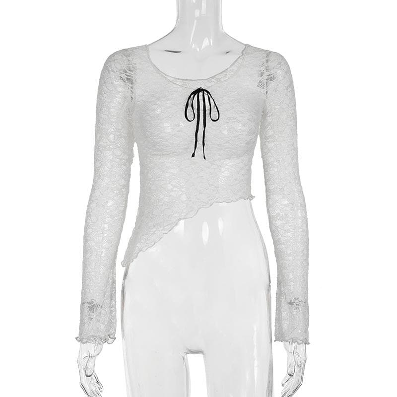 Romantic Lace Bow Front Asymmetrical Bell Sleeve Top - Fall's Must-Have Sheer Layer