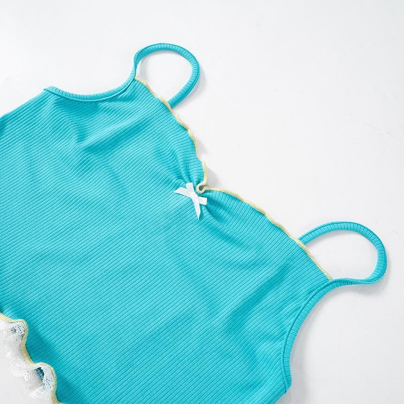 Sweetheart Teal Ribbed Cami Crop Top – Coquette Bow & Lace Ruffle for Fall Layering