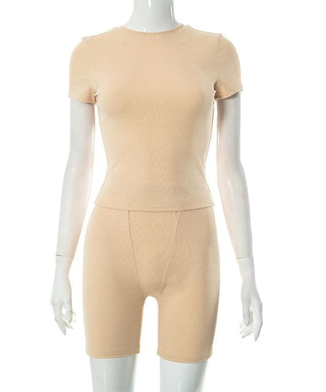 Cozy Fall Vibes: Women's Ribbed Knit Short Sleeve Top & Biker Shorts Set | Nude Athleisure Lounge Wear
