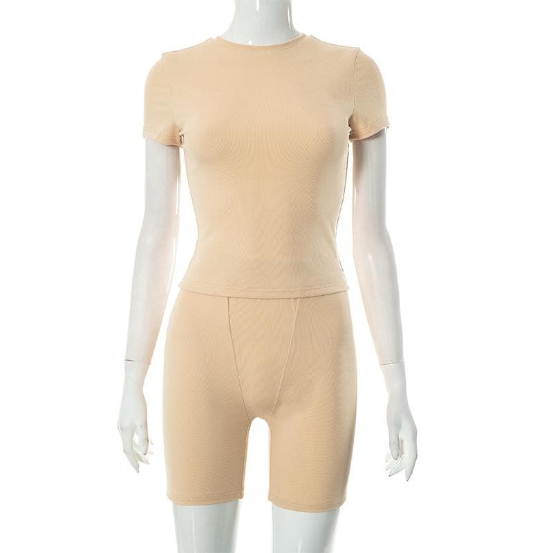 Cozy Fall Vibes: Women's Ribbed Knit Short Sleeve Top & Biker Shorts Set | Nude Athleisure Lounge Wear