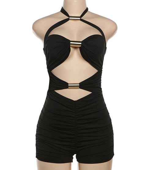 Sleek Black Halter Cutout Romper with Gold Hardware | Ruched Party Jumpsuit for Fall & Holiday Glam