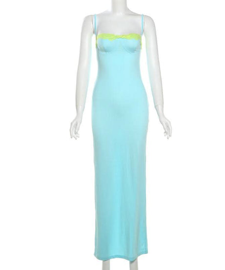 Siren Aqua Bodycon Maxi Dress with Neon Lime Lace Bust – Perfect for Fall Getaways & Glam Events