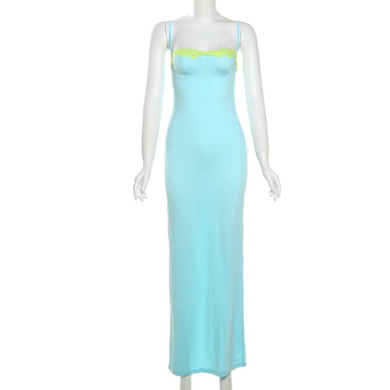 Siren Aqua Bodycon Maxi Dress with Neon Lime Lace Bust – Perfect for Fall Getaways & Glam Events