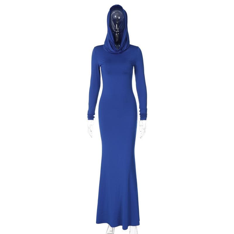 Chic Royal Blue Hooded Maxi Dress - Long Sleeve Fall & Holiday Essential