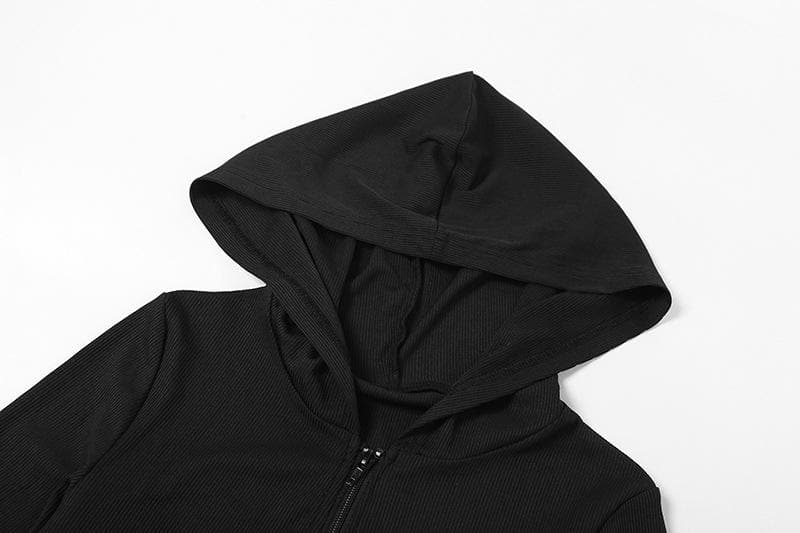 Cozy Fall Athleisure: Women's Black Full-Zip Crop Hoodie & Legging Set