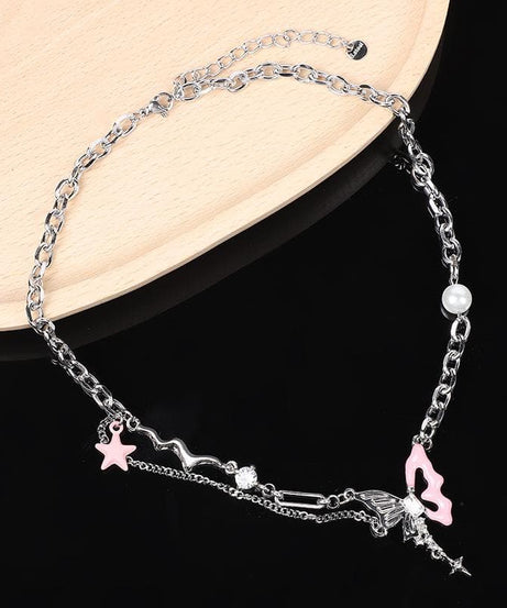 Whimsical Pink Butterfly Layered Necklace - Y2K & Coquette Aesthetic Fall Jewelry