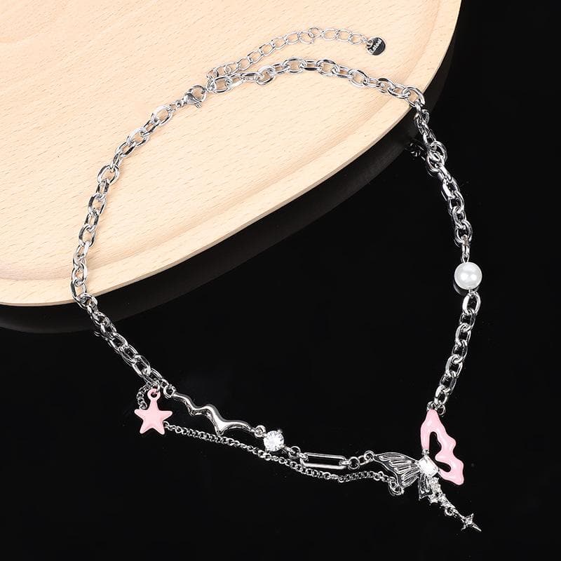 Whimsical Pink Butterfly Layered Necklace - Y2K & Coquette Aesthetic Fall Jewelry