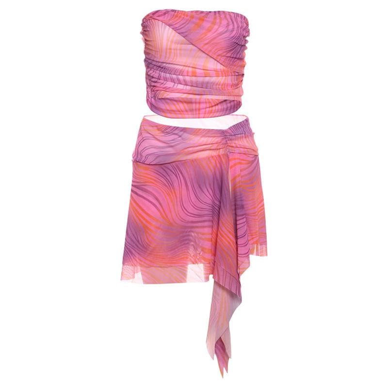 Y2K Pink Swirl Mesh Two-Piece Set: Strapless Crop Top & Asymmetric Mini Skirt - Perfect for Fall Getaways & Parties