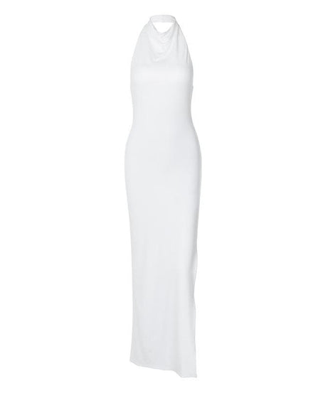 Effortless Glamour: White Halter Cowl Neck Maxi Dress for Holiday & NYE Parties