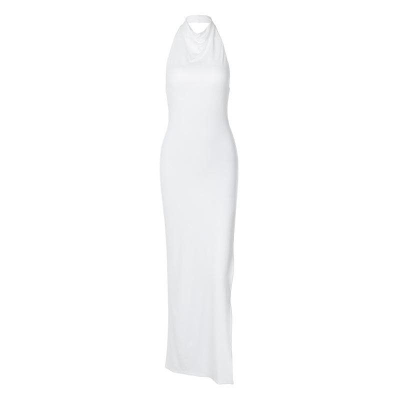 Effortless Glamour: White Halter Cowl Neck Maxi Dress for Holiday & NYE Parties