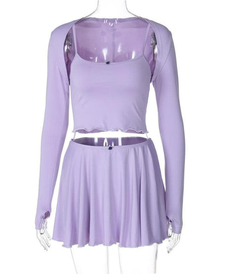 Lavender Dreamland: Chic 3-Piece Scalloped Crop Top, Flowy Mini Skirt & Long Sleeve Bolero Set – Your Fall Style Essential