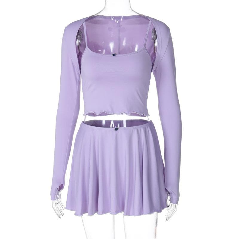 Lavender Dreamland: Chic 3-Piece Scalloped Crop Top, Flowy Mini Skirt & Long Sleeve Bolero Set – Your Fall Style Essential