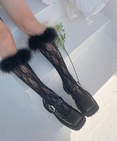 Spooky Chic Feather Trim Lace Knee-High Socks - Fall & Halloween Essential